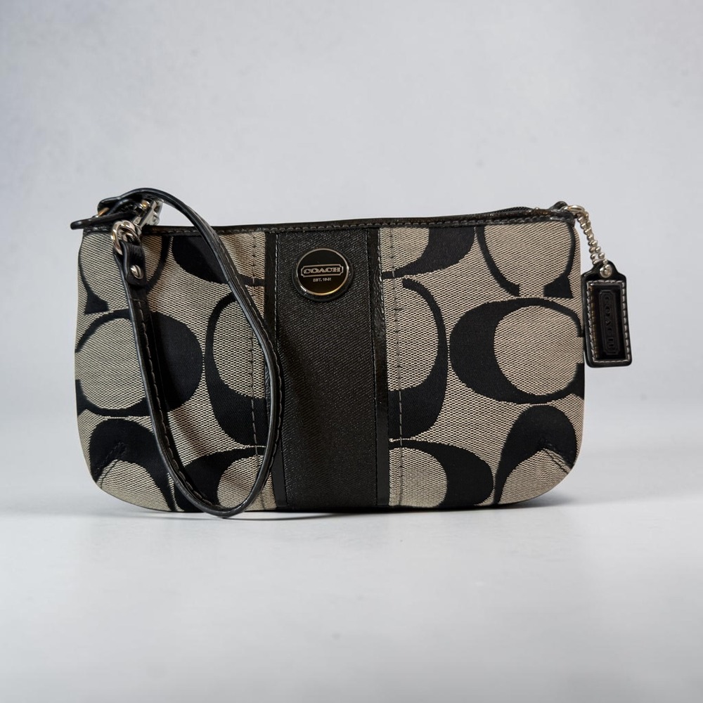 Coach Signature Jacquard Small Wristlet Shoulder Bag Black Gray Patent Trim